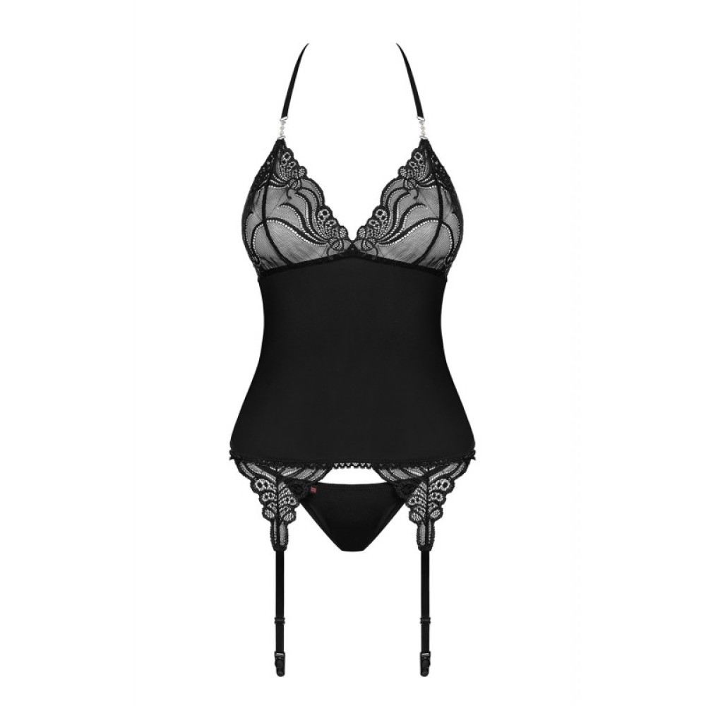 Корсет эротический Obsessive 828-COR-1, L/XL, кружевной, с трусиками, с пажами для чулок, черный , фото №5 — секс шоп Украина, NO TABOO