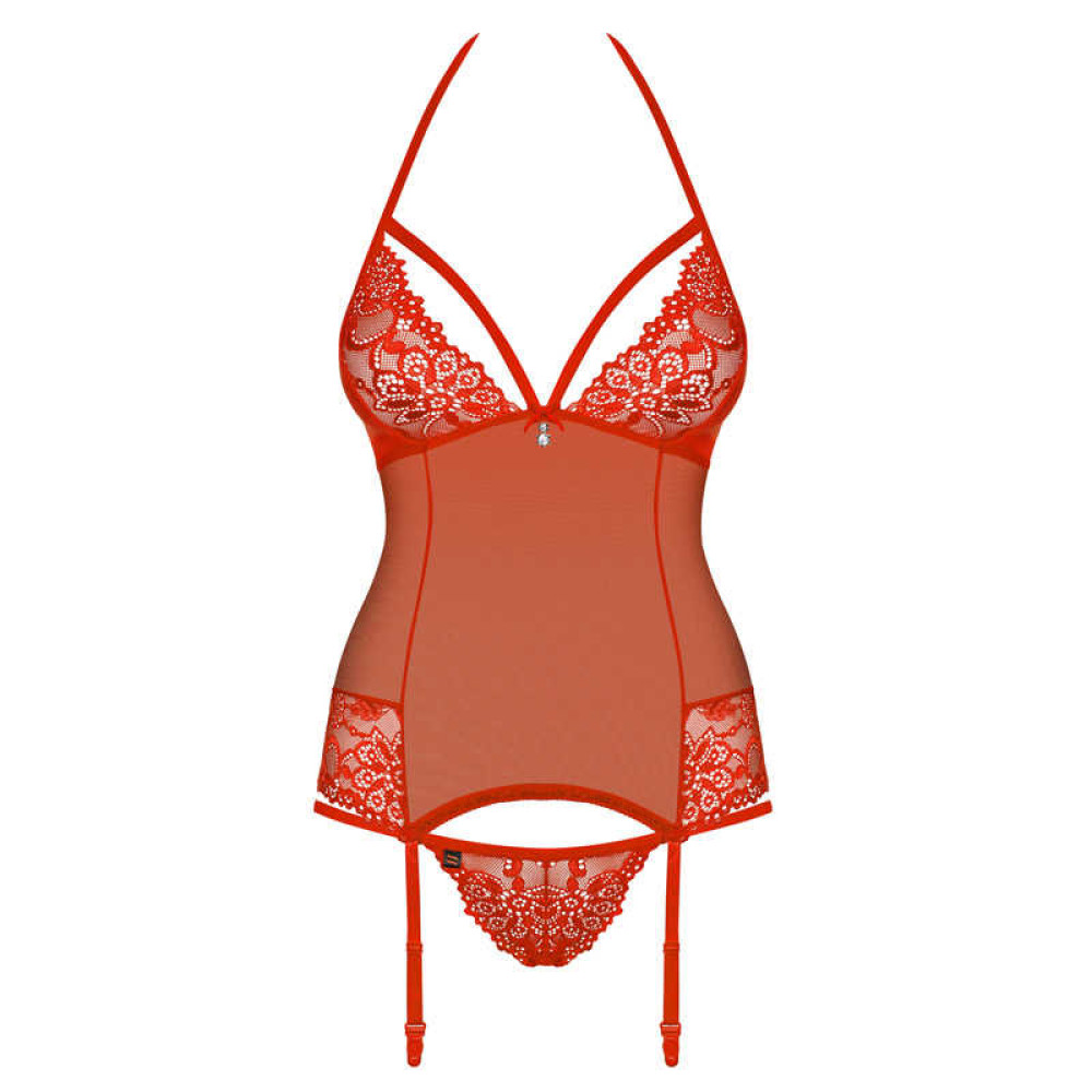 Эротический корсет со шнуровкой и пажами для чулок corset & thong red L/XL, фото №4 — секс шоп Украина, NO TABOO