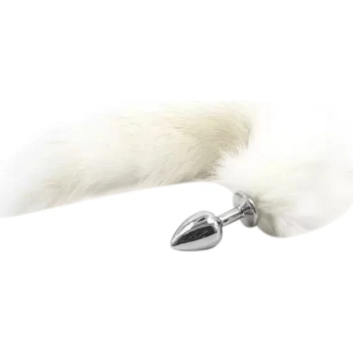 Анальна пробка з білим лисячим хвостом Fetish Anal plug fox tail срібна, 7 х 2.5 см