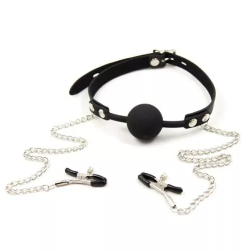 Кляп-кулька з затискачами на соски Fetish Locking gag with nipple clamps чорний