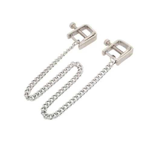 Затискачі на соски з ланцюжком Fetish Nipple clamps iron L square сріблясті, 82.5 грам