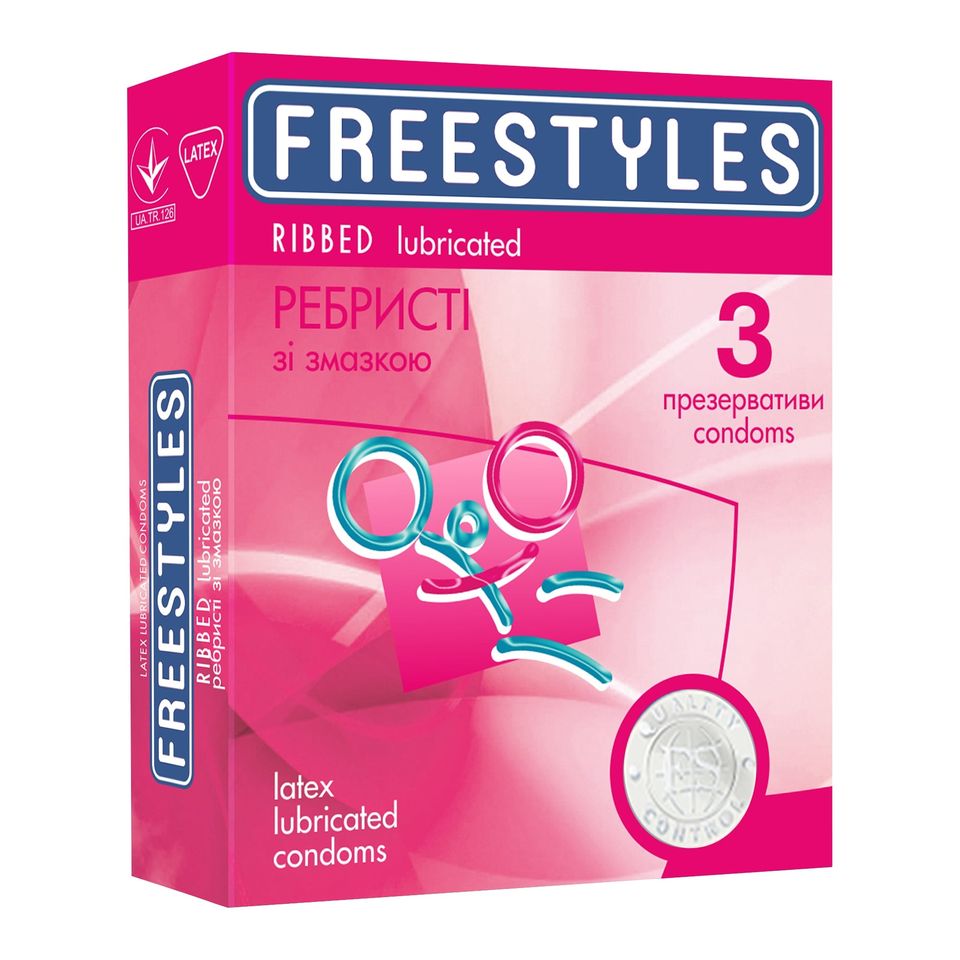Презервативи ребристі латексні Freestyles Ribbed зі змащенням, 0.06 мм, 3 шт